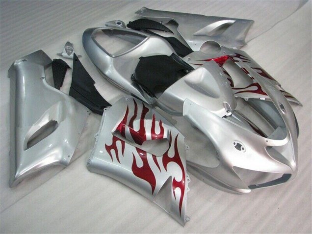 Carenado Moto ZX6R 2005-2006 - Plata Rojo Llamas